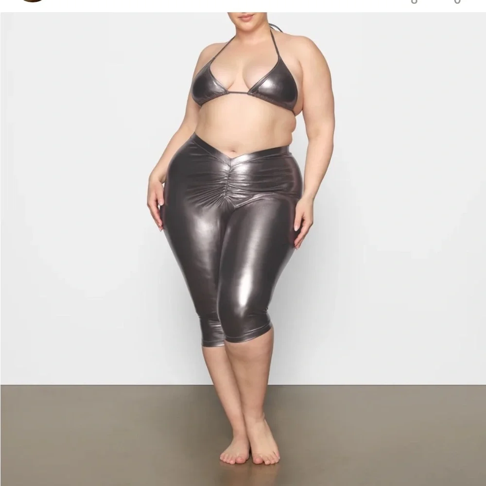 Skims Metallic Swim V-Waist Pant NWT Carbon